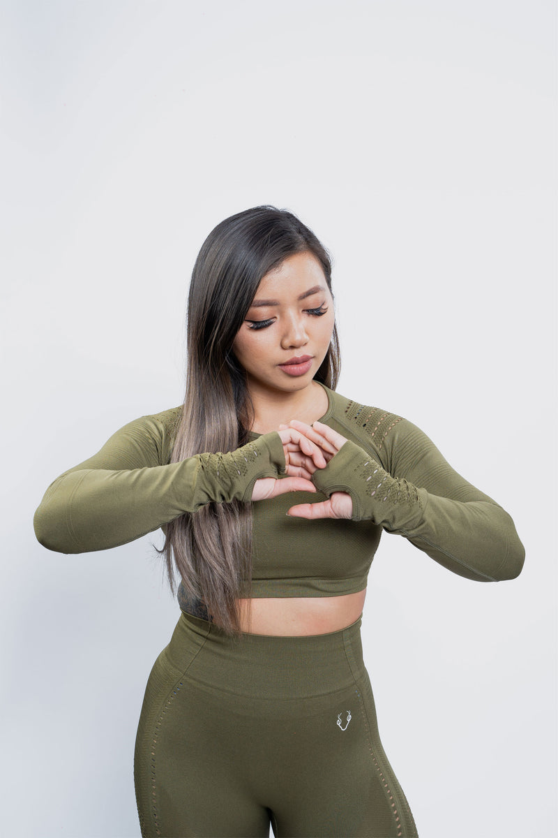 Sass Long Sleeve Crop Top - Khaki Green