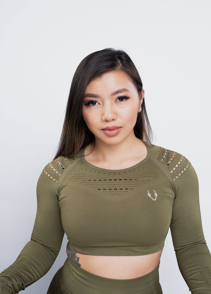 Sass Long Sleeve Crop Top - Khaki Green