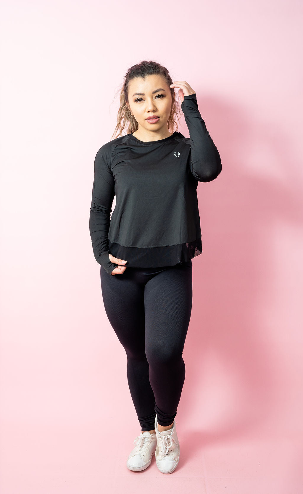 Asymmetric Split-Back Long Sleeve Top - Black