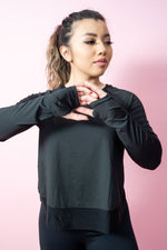 Asymmetric Split-Back Long Sleeve Top - Black