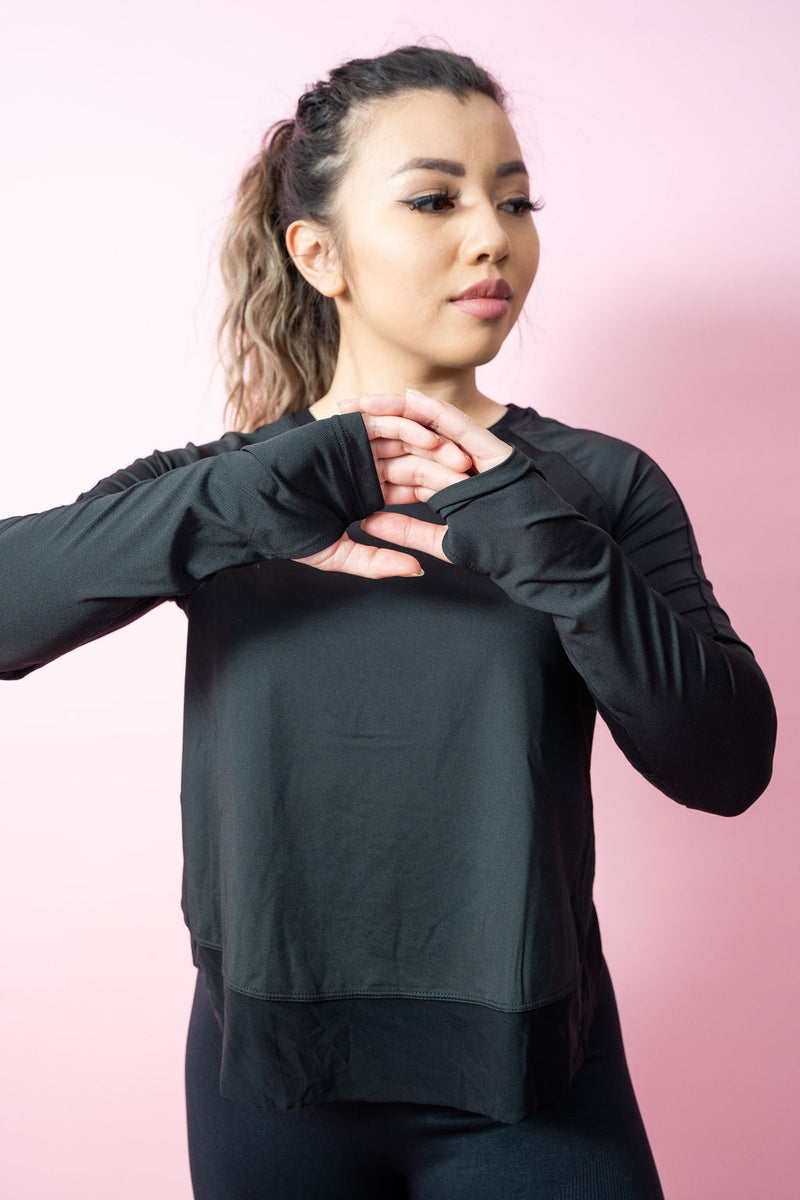Asymmetric Split-Back Long Sleeve Top - Black