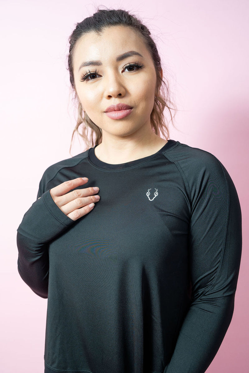 Asymmetric Split-Back Long Sleeve Top - Black