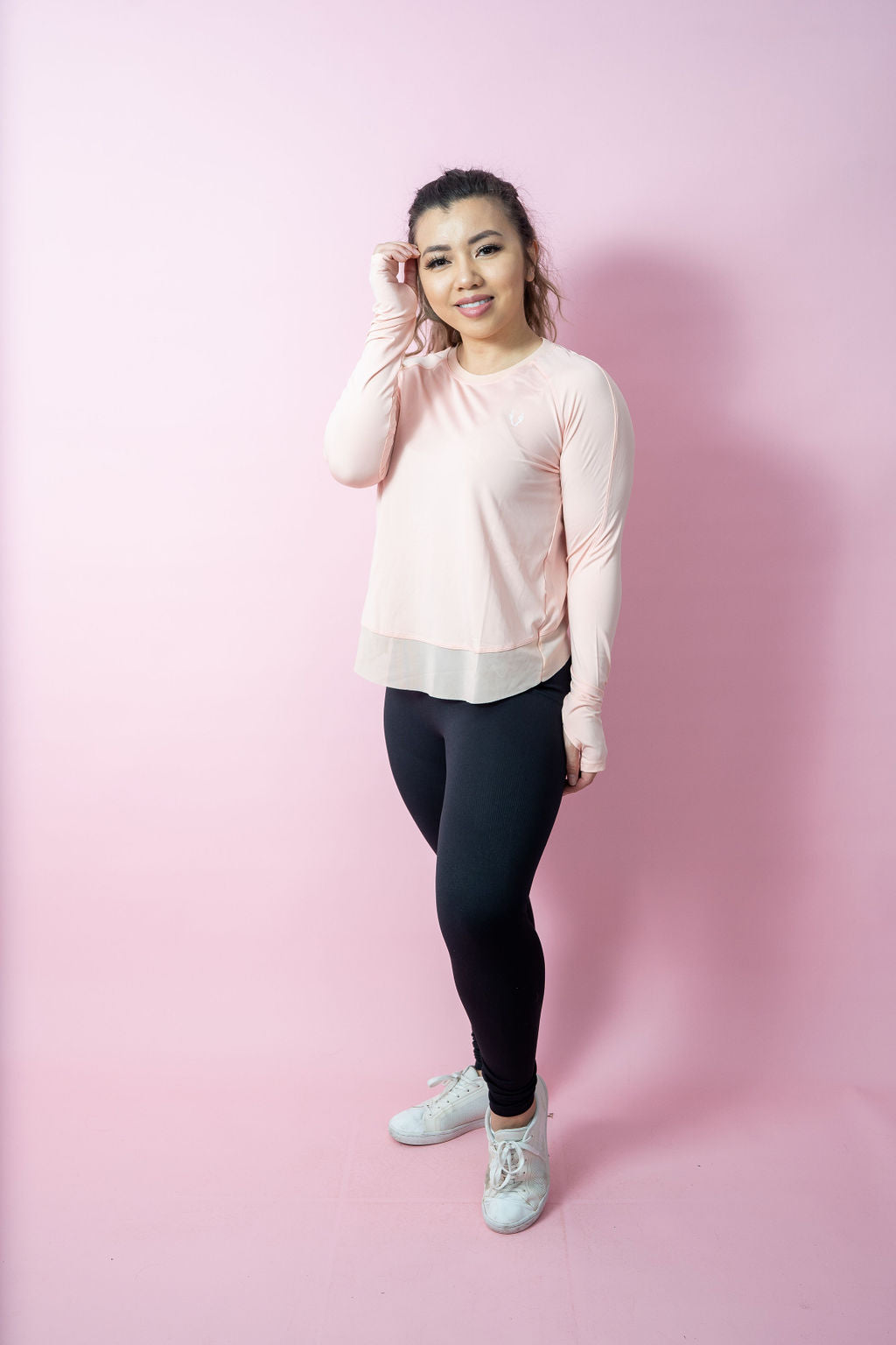 Asymmetric Split-Back Long Sleeve Top - Light Peach