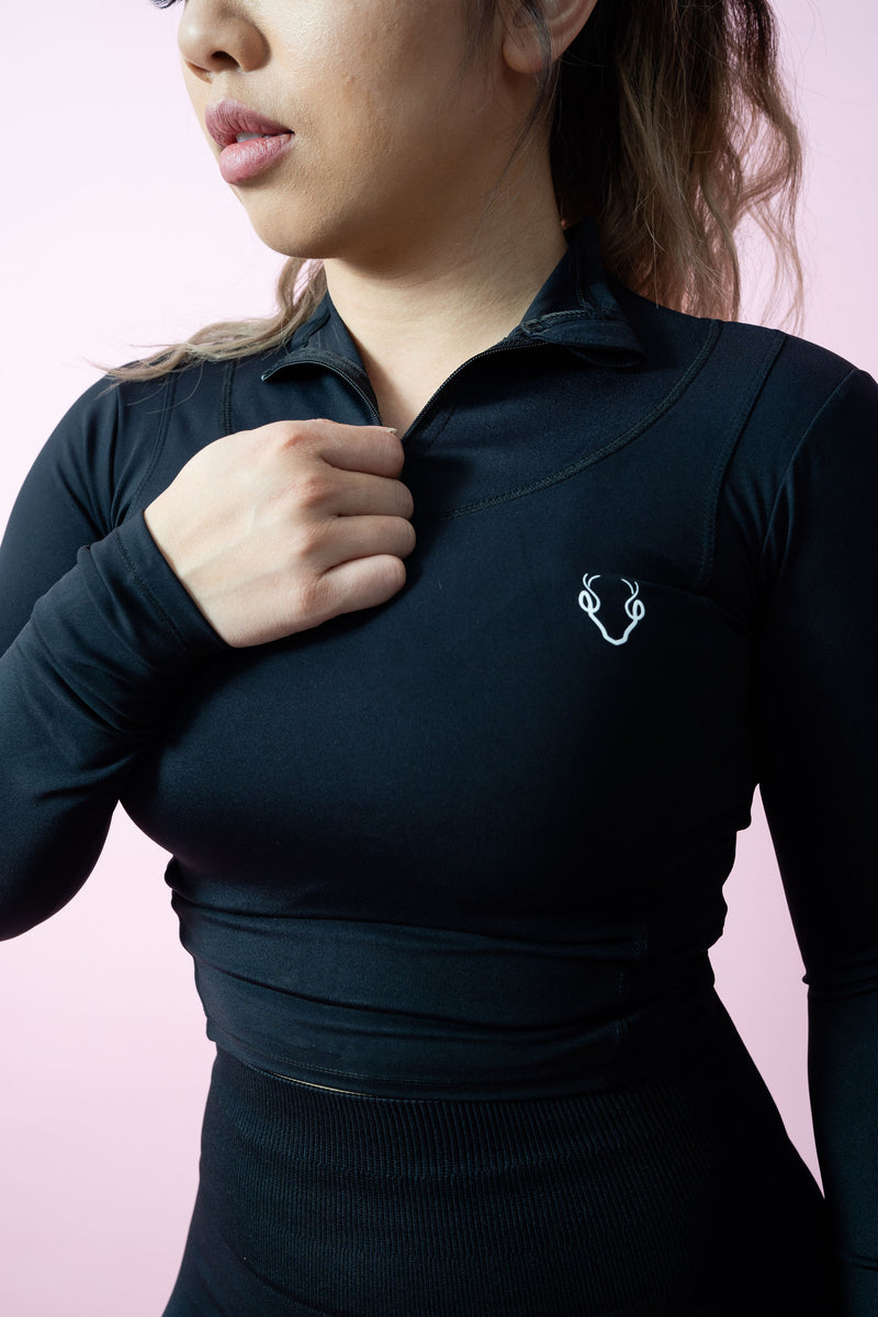 Cropped 1/4 Zip Compression Pull Over - Black