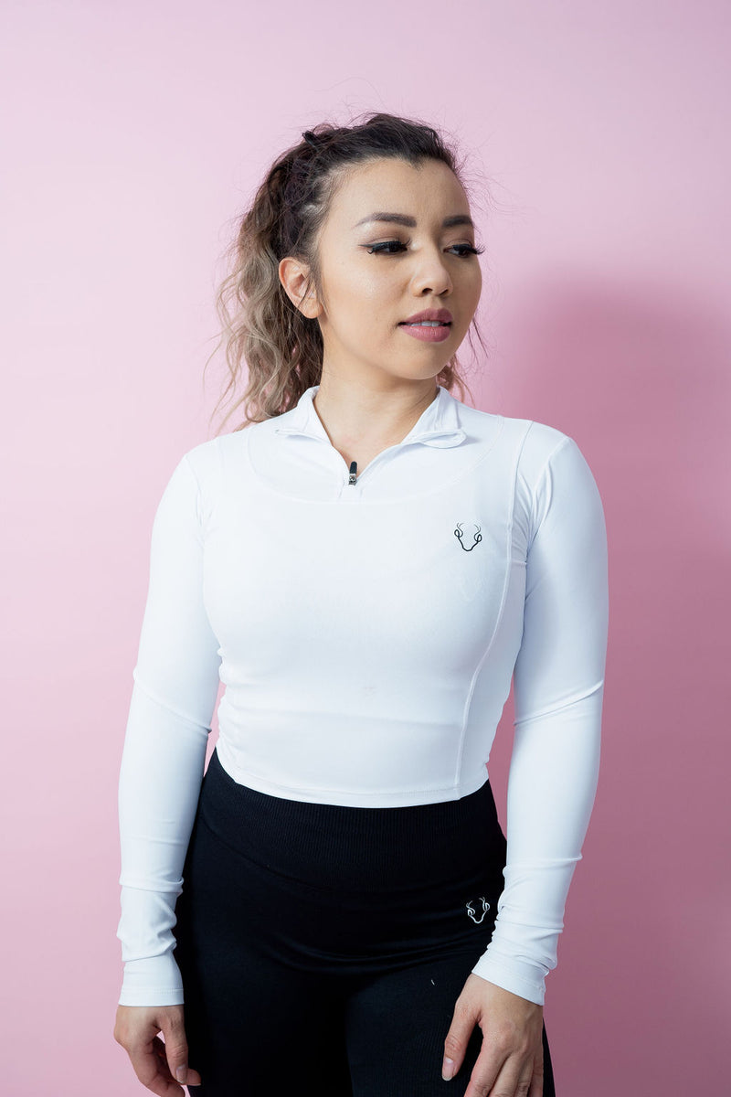Cropped 1/4 Zip Compression Pull Over - White